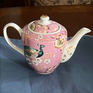 Elegant Pink Floral Teapot with Peacock Design